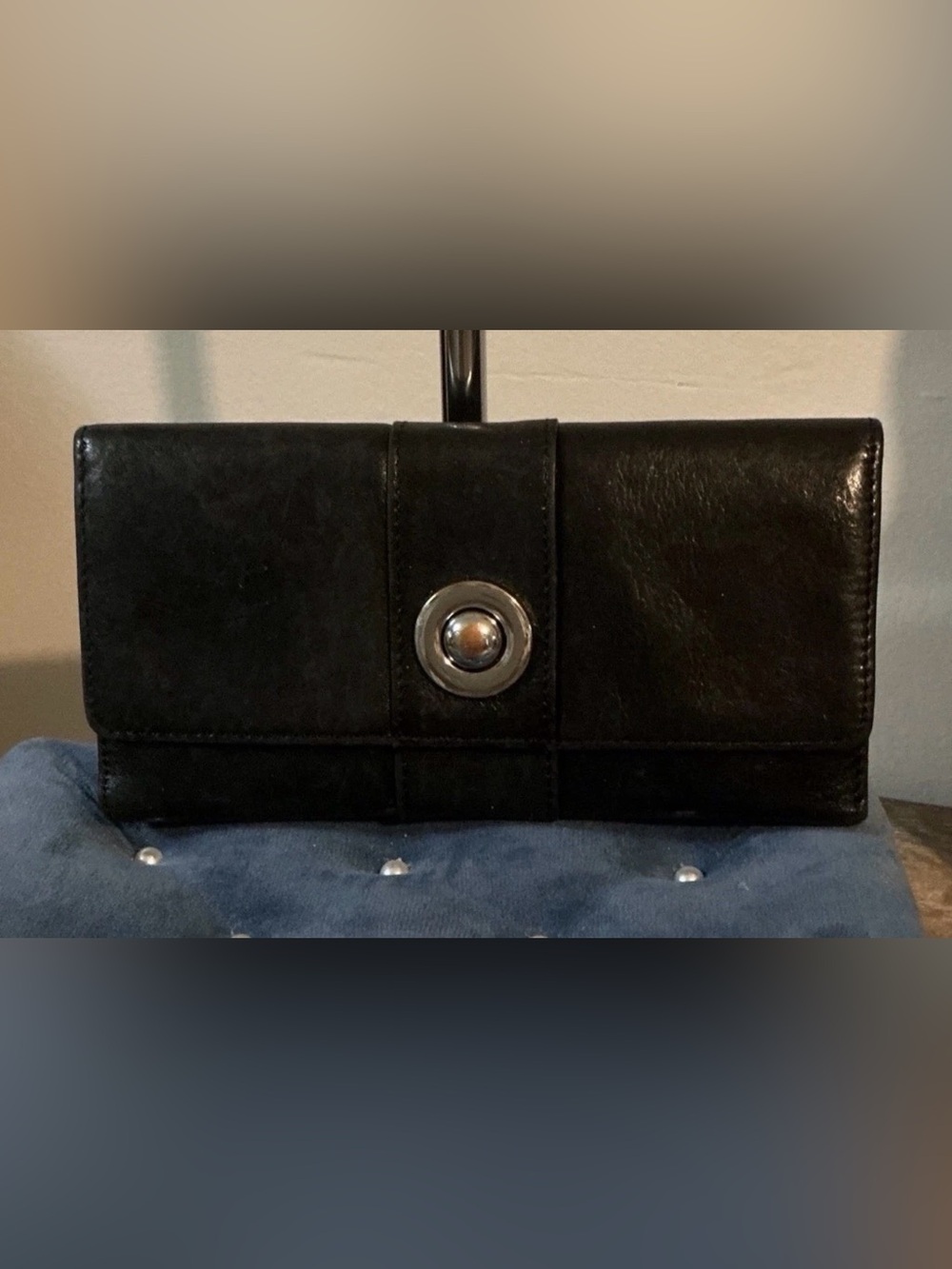 Wilsons Leather Black Clutch Long Wallet Silver Hardware Checkbook GUC 7x4